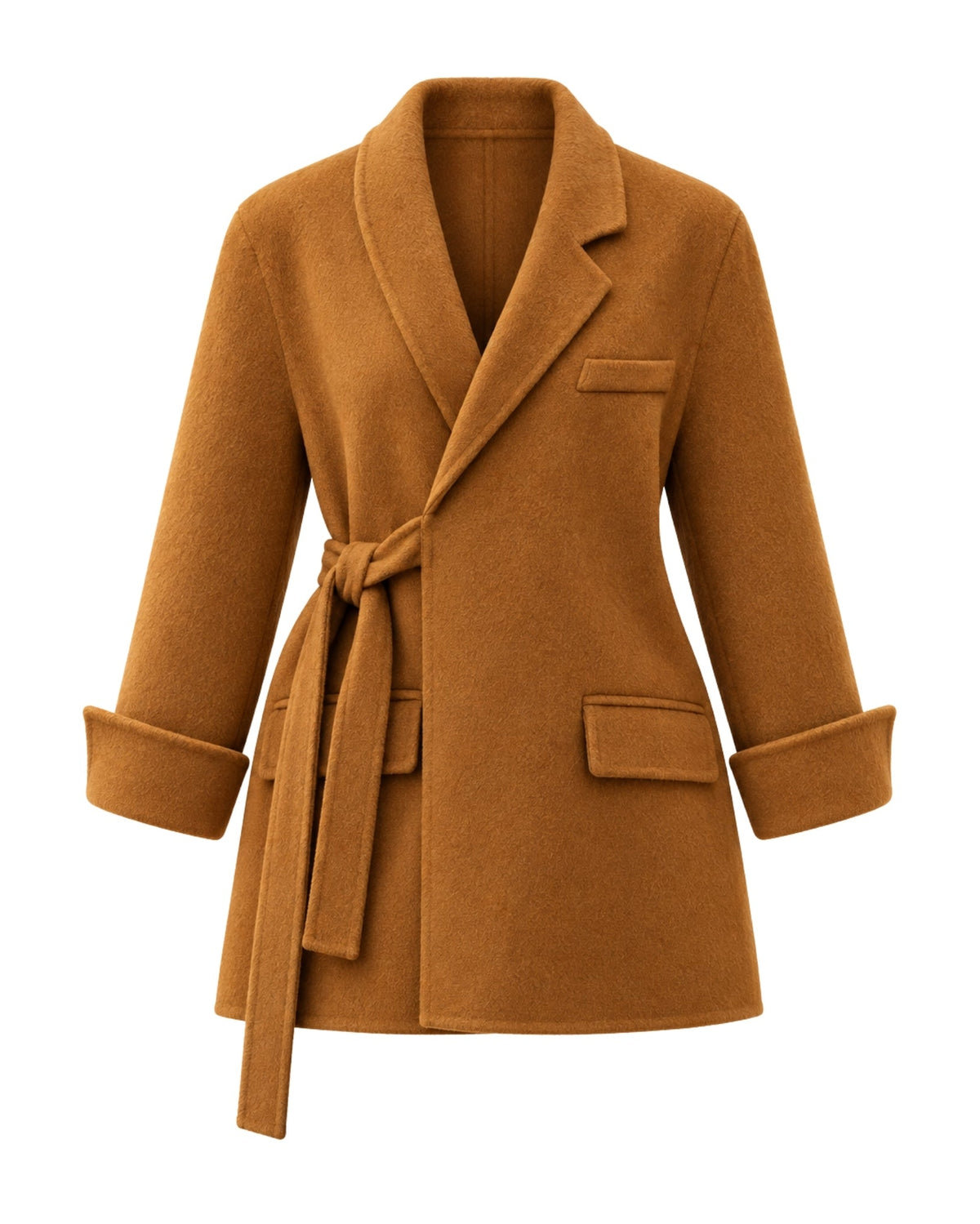 A women's long-sleeve wrap coat in a warm camel brown color, featuring a shawl collar, a self-tie belt at the waist, and flap pockets, shown against a plain white background.