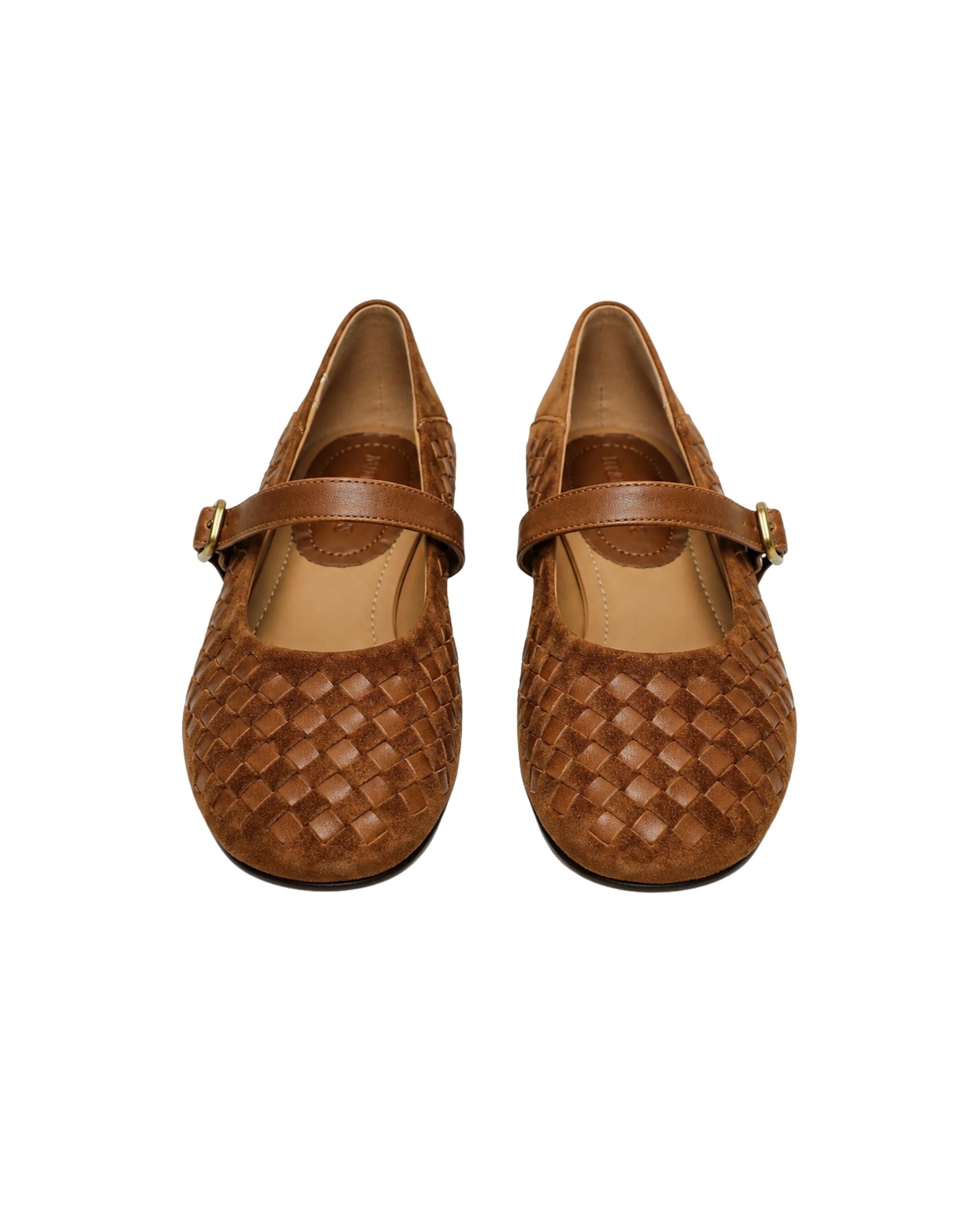 A pair of women's Mary Jane flats in brown woven leather, featuring a single strap with a small gold buckle, shown against a plain white background.
