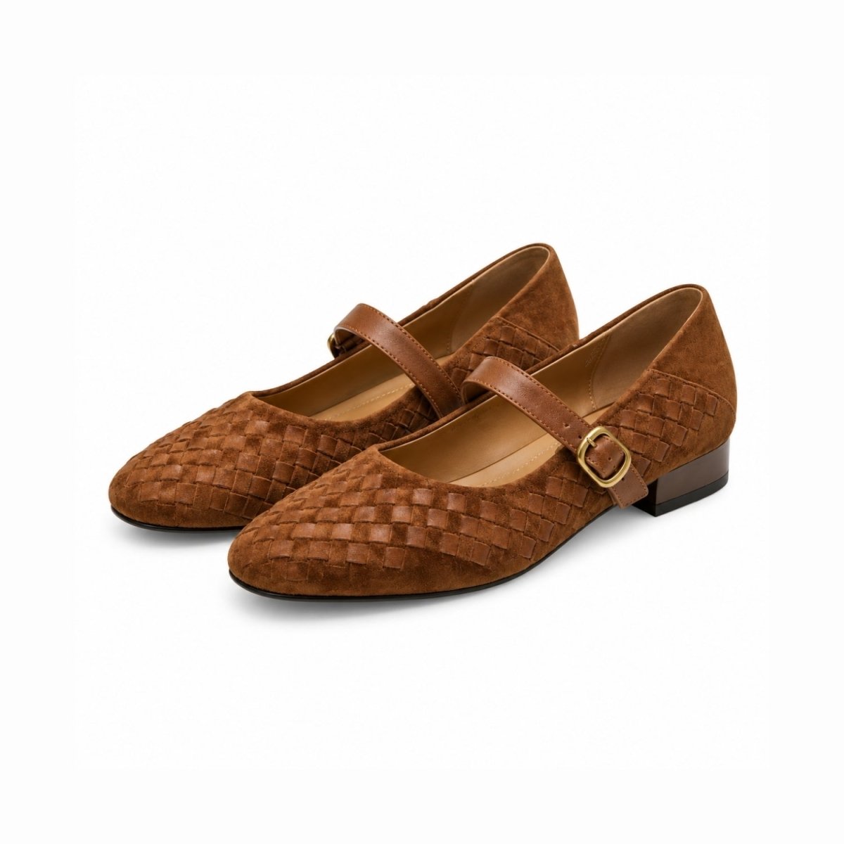 A pair of brown woven suede Mary Jane flats with low block heels and gold-tone buckle straps, displayed on a clean white background.