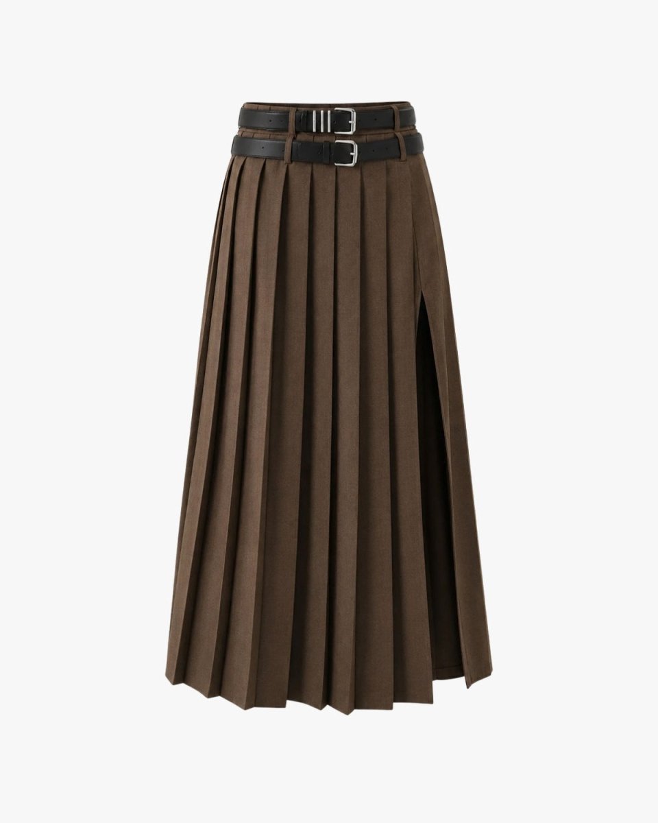 A brown pleated midi skirt with a front slit and a matching black belt with a silver buckle, shown against a plain white background.