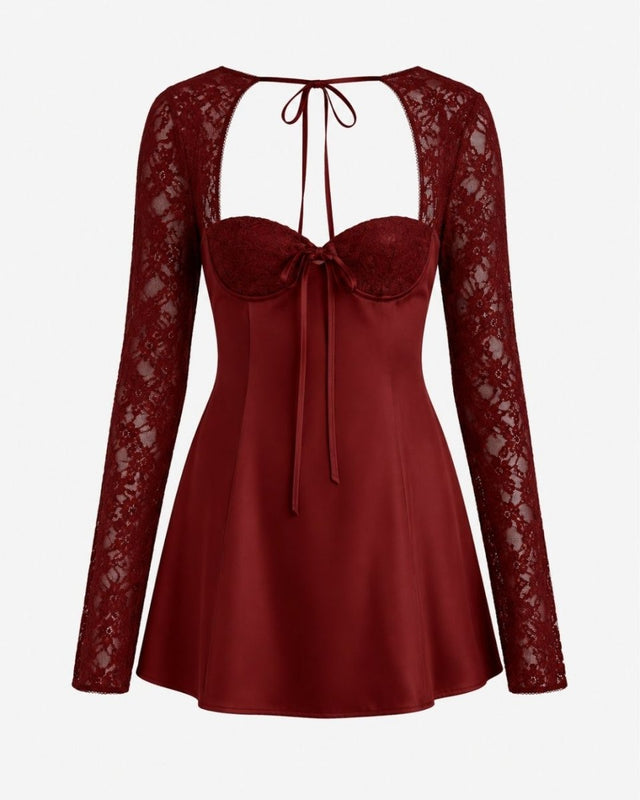 Louise red sweetheart bodice and floral lace detail
