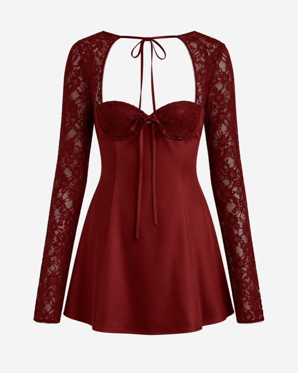 A long-sleeve burgundy dress featuring a satin-like body with a sweetheart neckline, front tie, and matching lace sleeves and lace overlay on the bodice, shown on a light gray background.