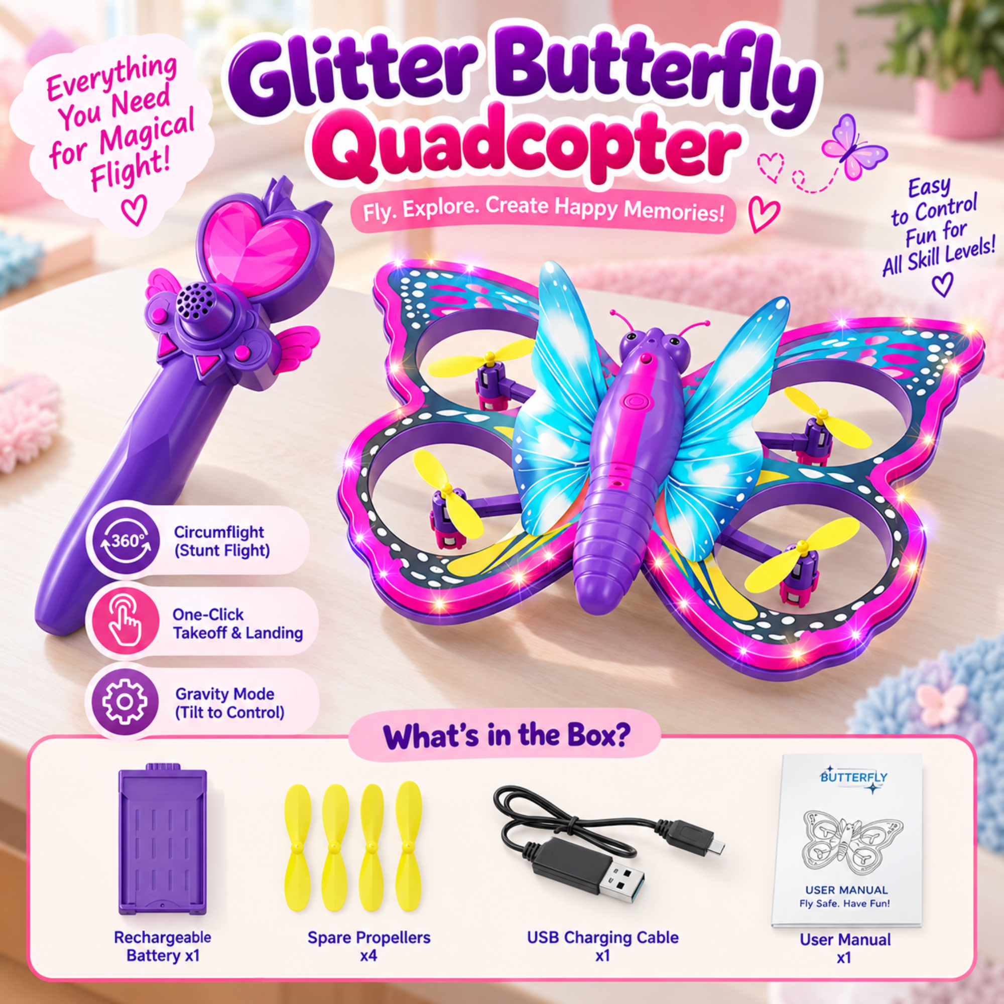 Glitter Butterfly Quadcopter toy set with a purple butterfly-shaped drone, matching purple wand, propellers, battery, USB charging cable, and user manual on a pink promotional background.