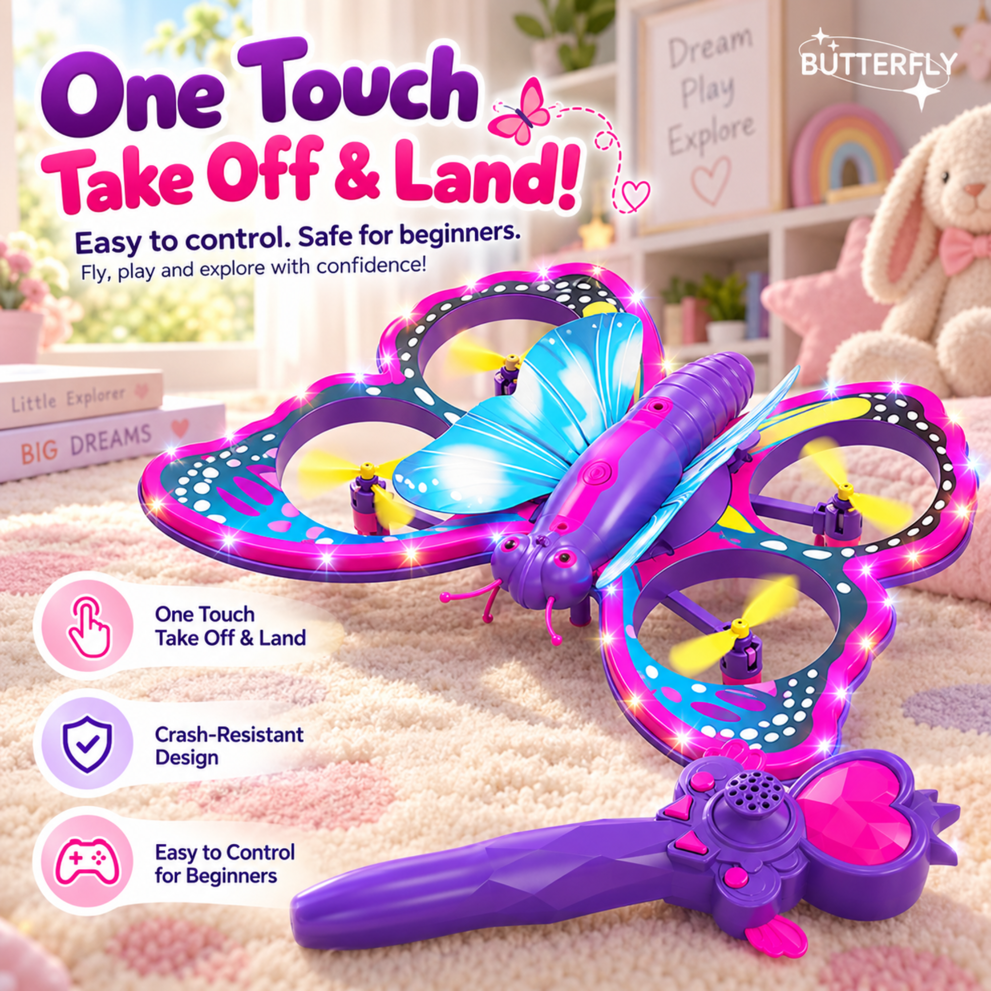 A colorful butterfly-shaped toy drone with glowing LED lights and a matching purple remote control, shown on a soft pink blanket with promotional text and icons. The butterfly drone has blue, purple, pink, and green accents, and the remote is purple with pink details.