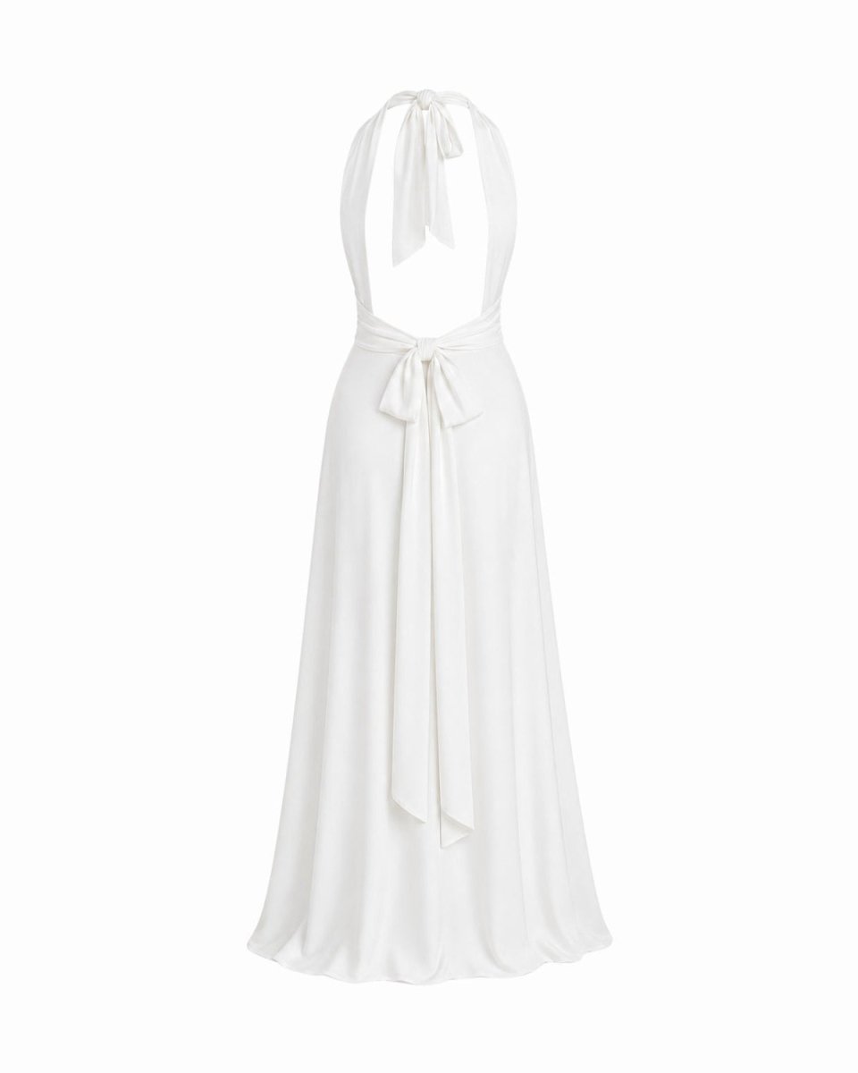 A white halter-neck maxi dress with a tie-front waist, shown against a plain white background.
