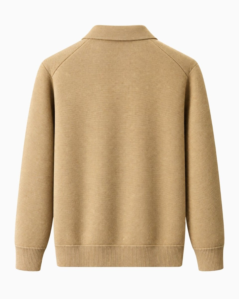 A camel knit sweater with a mock neck collar, shown from the back on a clean white background.
