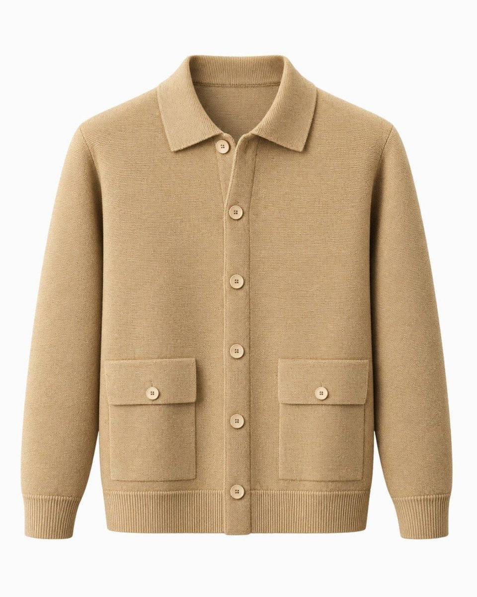 A camel knit cardigan sweater with a collar, button-up front, and two front patch pockets, shown on a plain white background.