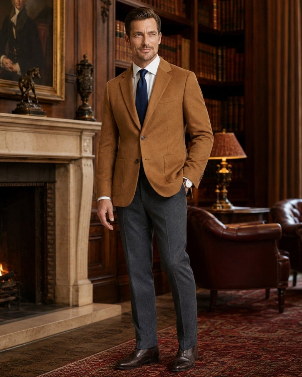 A man wearing a tan corduroy blazer, dark gray trousers, a white shirt, and a navy tie stands in a classic library or study with bookshelves, a fireplace, and leather armchairs.