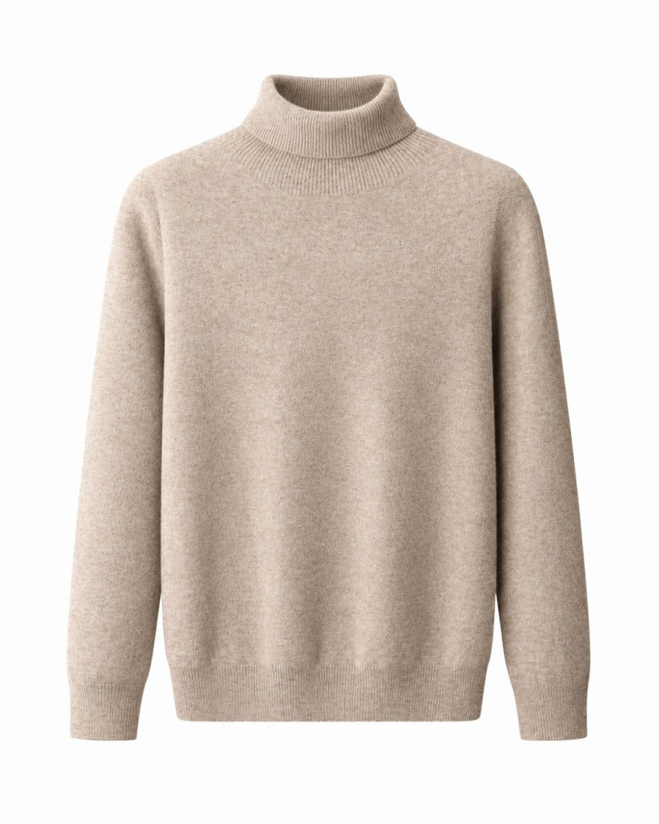 A light camel knit turtleneck sweater with long sleeves, shown against a plain white background.