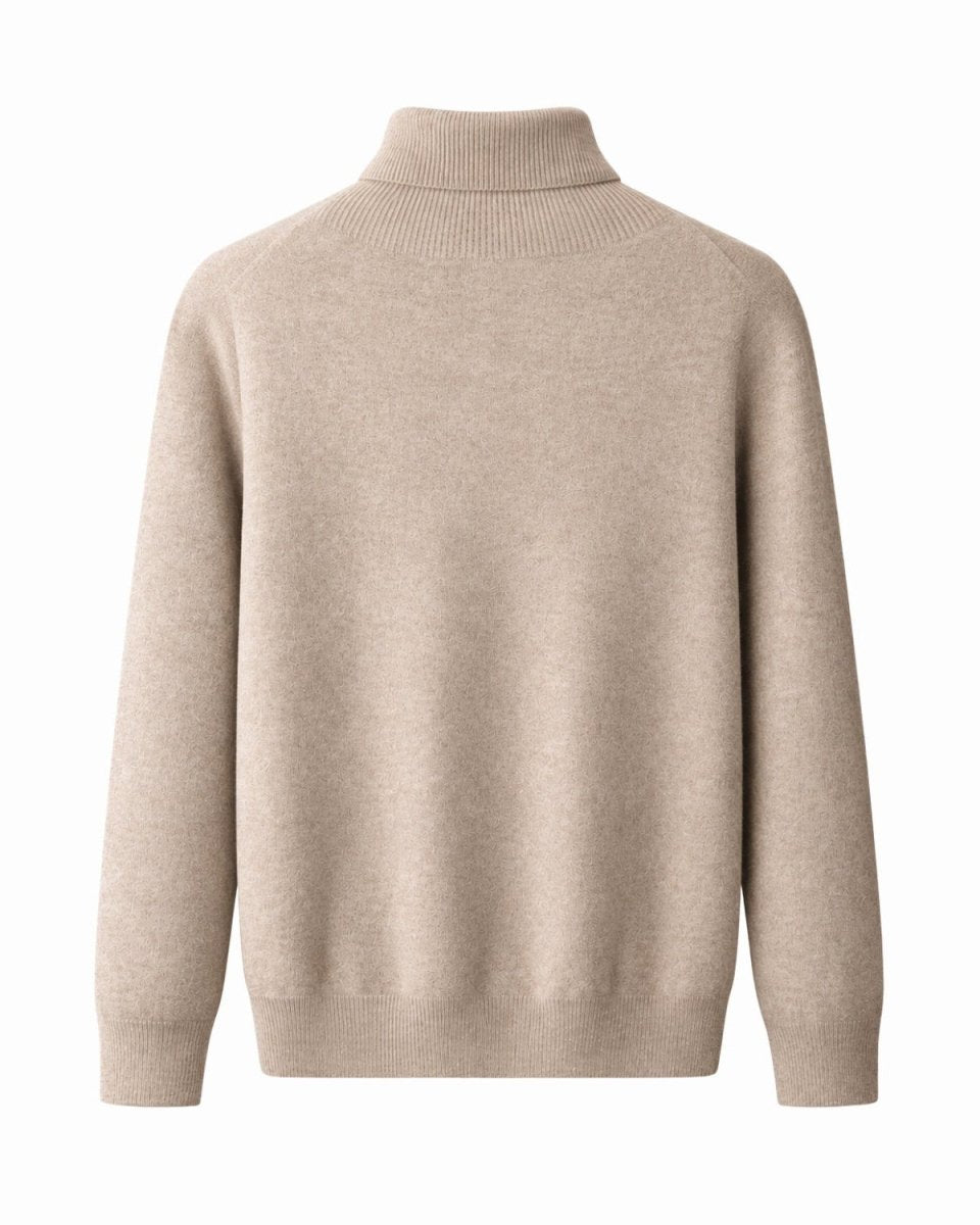 A light camel knit turtleneck sweater shown from the back, photographed on a clean white background.