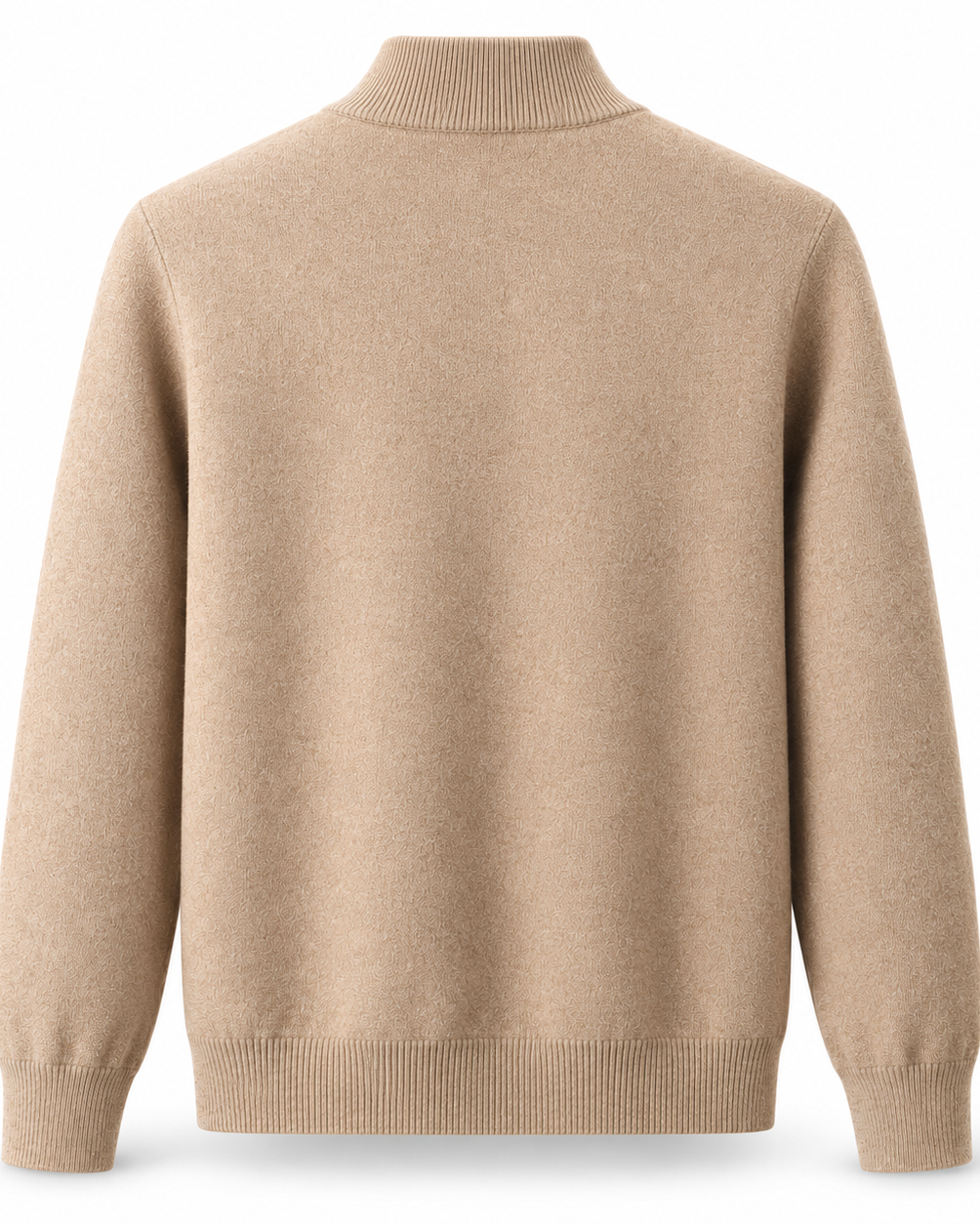 A camel knit sweater with a mock neck, long sleeves, and ribbed cuffs and hem, shown from the back on a white background.