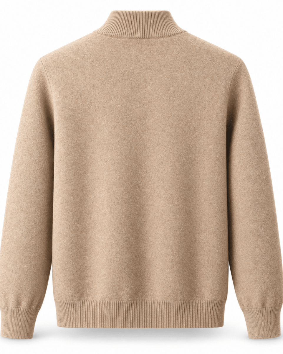 A camel knit sweater with a mock neck, long sleeves, and ribbed cuffs and hem, shown from the back on a white background.