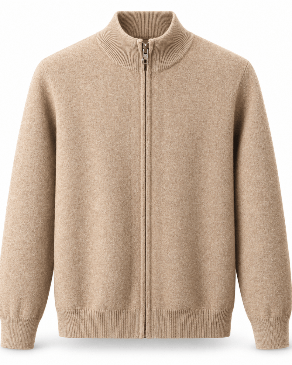 A camel knit zip-up cardigan sweater with a mock neck, ribbed cuffs, and a ribbed hem, shown on a plain white background.