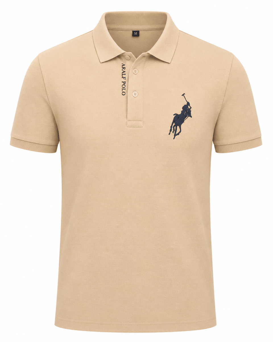 Beige polo shirt with a logo on a white background