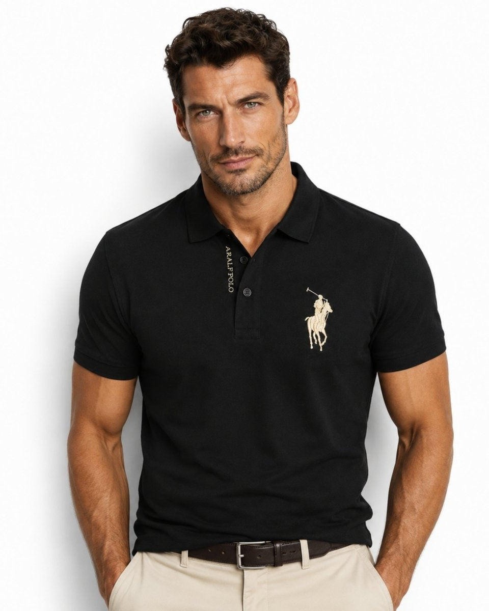 Man wearing a black Polo Ralph Lauren polo shirt with a logo on a white background