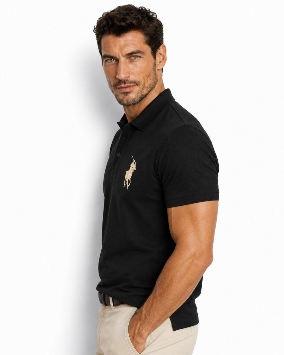 Man wearing a black polo shirt with a logo on a white background