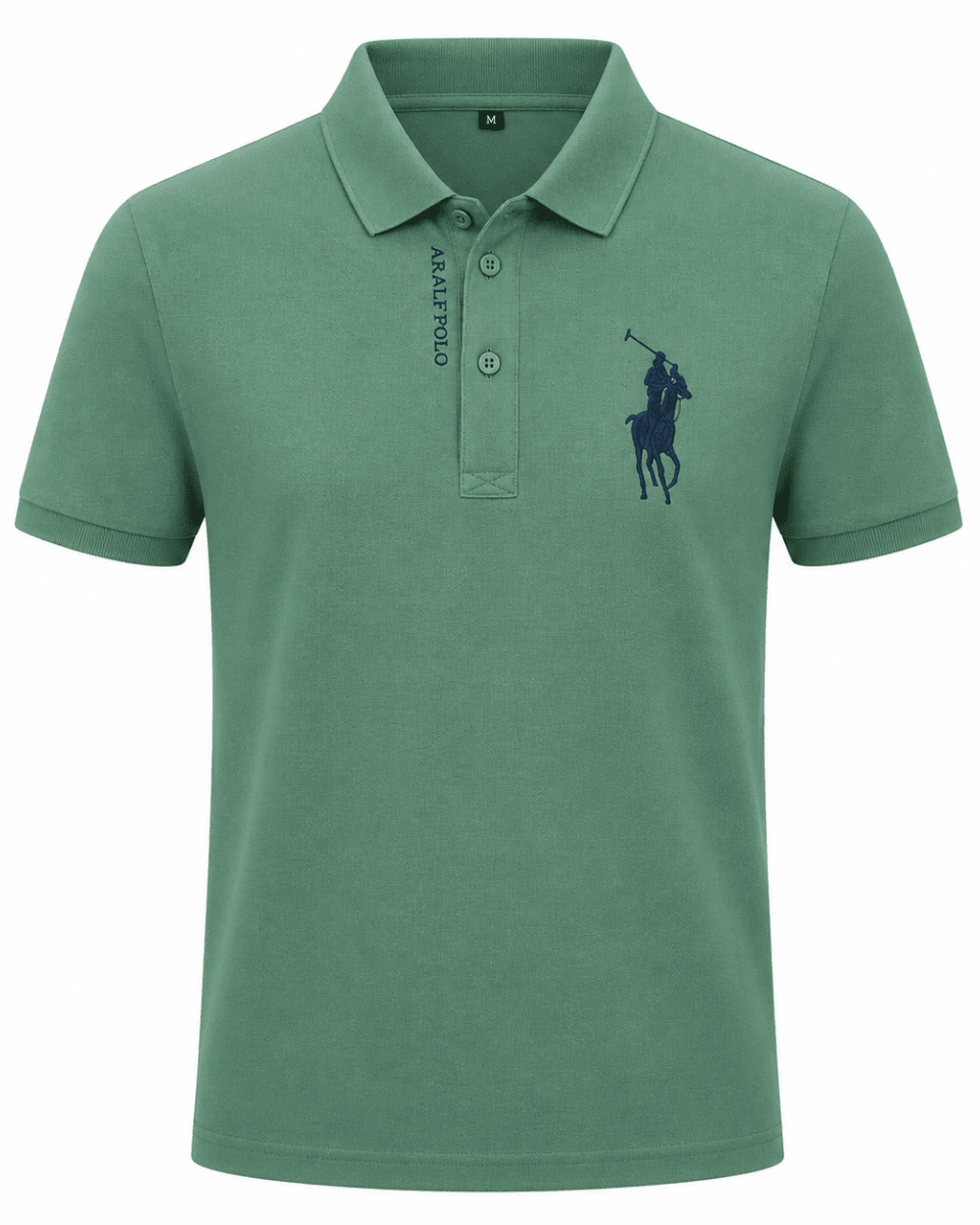 Green polo shirt with a logo on a white background