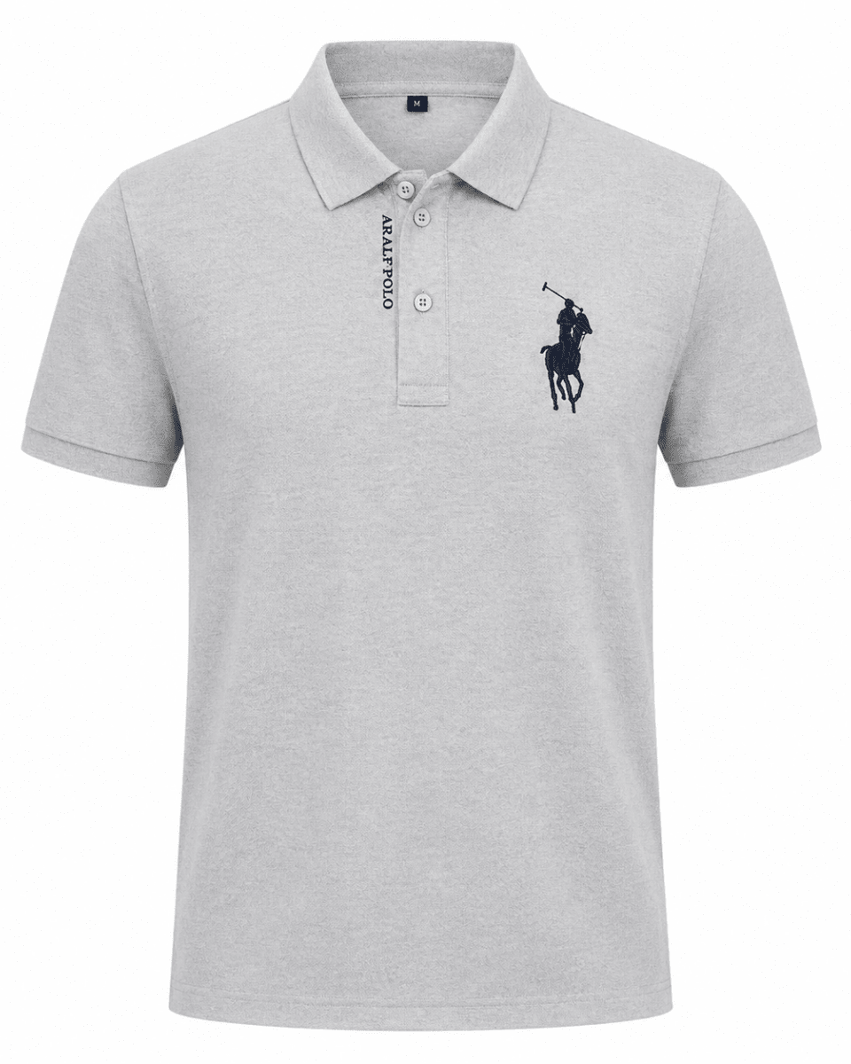 Gray polo shirt with a brand logo on a white background