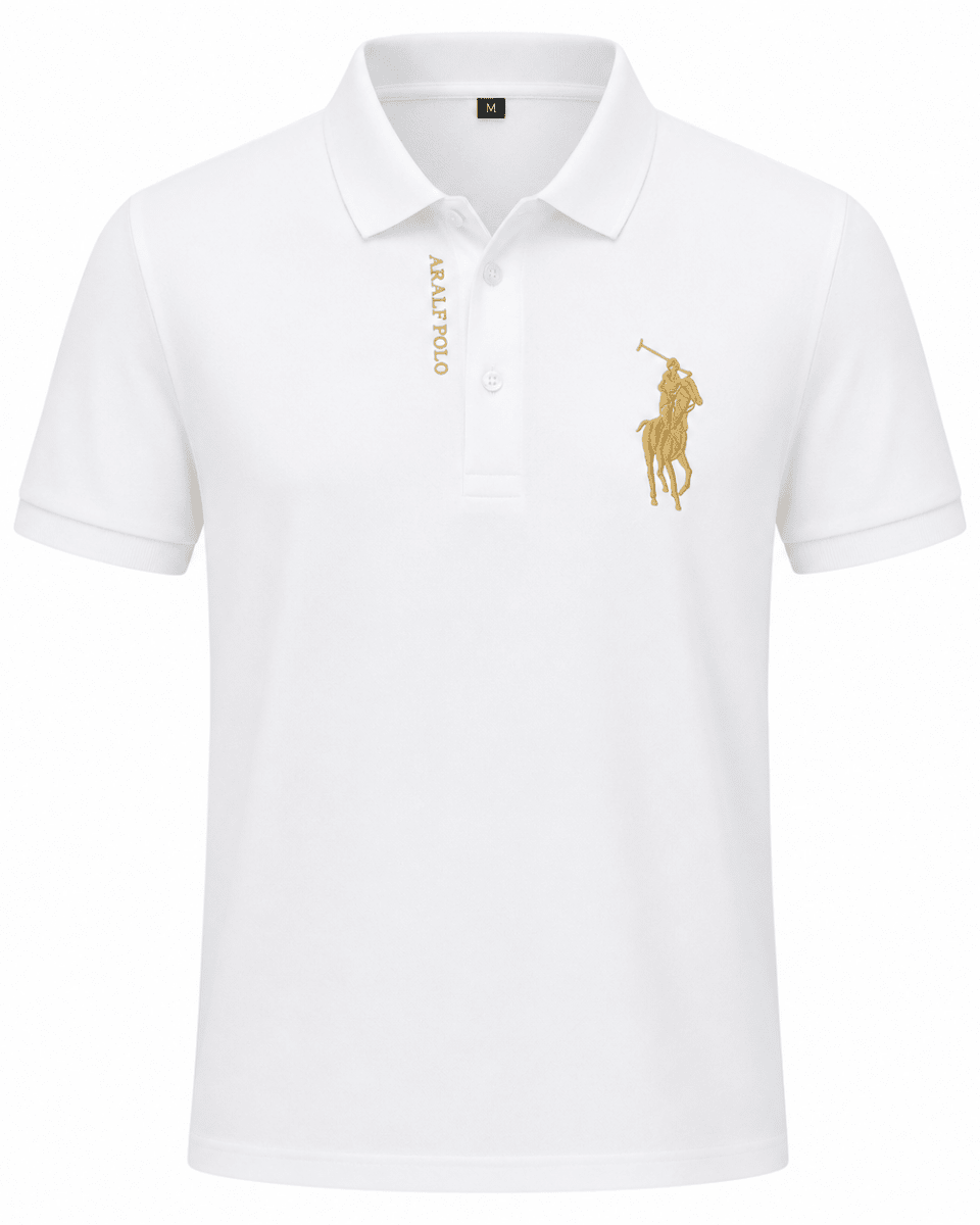 White polo shirt with gold logo on a white background