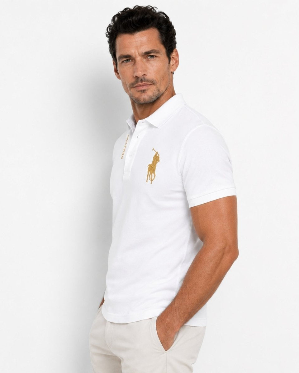 Man wearing a white polo shirt with a logo on a light gray background