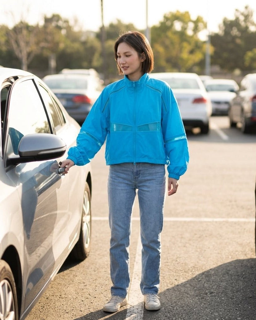 Woman opening car door wearing the Kouvr bright blue mesh panel cropped jacket styled with casual light wash denim.