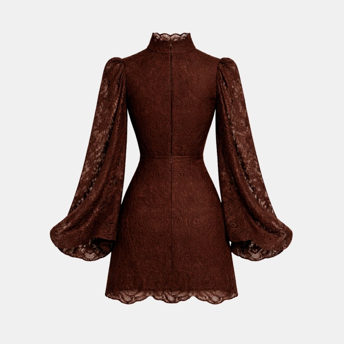Back product-only shot of the Cassie chocolate brown lace dress, detailing the back zipper and sleeve structure.