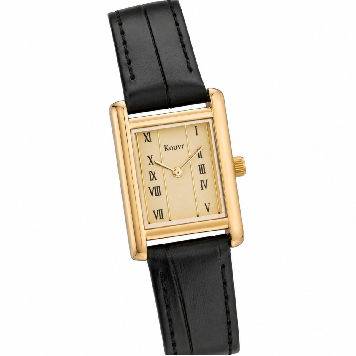 Angled close-up of the Kouvr gold-tone stainless steel rectangular watch showcasing the vintage dial design and polished case.