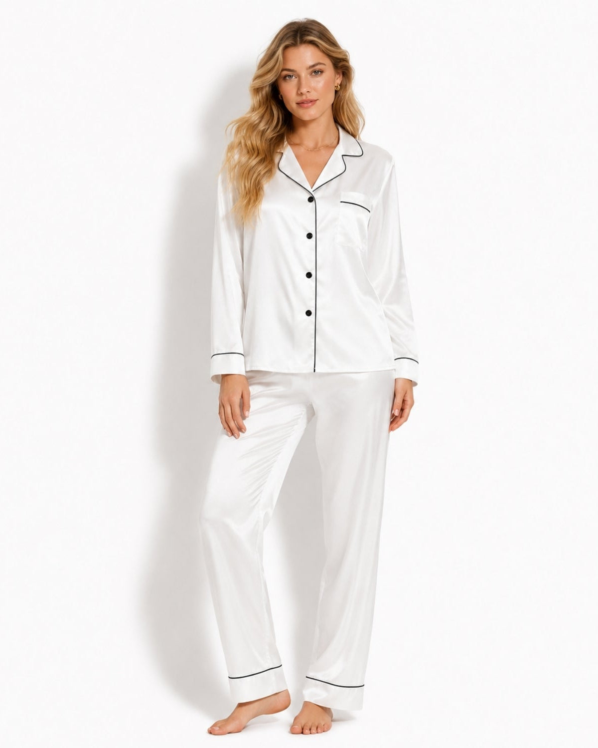 Classic crisp white long sleeve silk satin nightwear pajama set featuring black contrast piping, ideal for bridal loungewear.