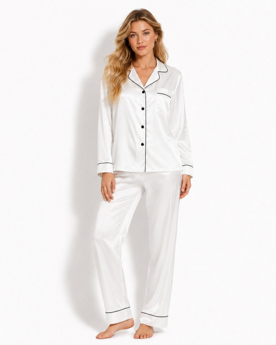 Classic crisp white long sleeve silk satin nightwear pajama set featuring black contrast piping, ideal for bridal loungewear.