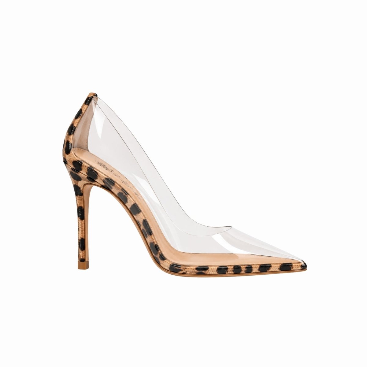 A single high-heeled pump with a transparent clear upper and heel, trimmed with a tan and black leopard print pattern, shown against a plain white background.