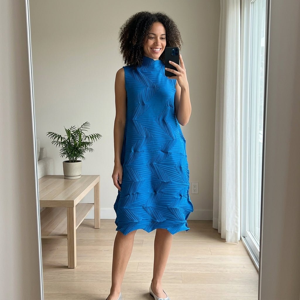 Curly haired female model taking a mirror selfie in a modern apartment wearing the relaxed fit blue textured pleated dress.