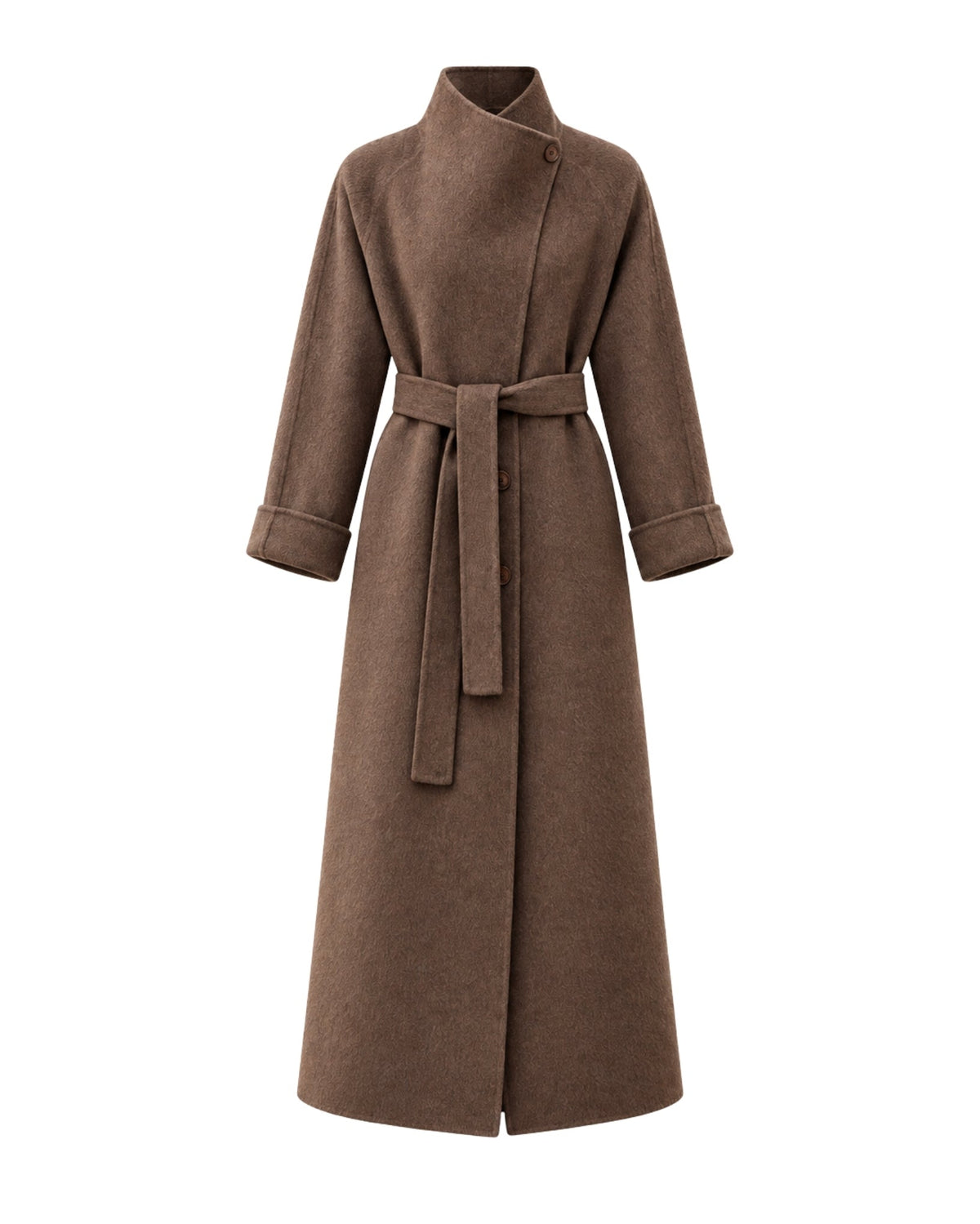 A long brown wrap coat with a high collar, buttoned front, and matching waist tie, shown on a plain white background.