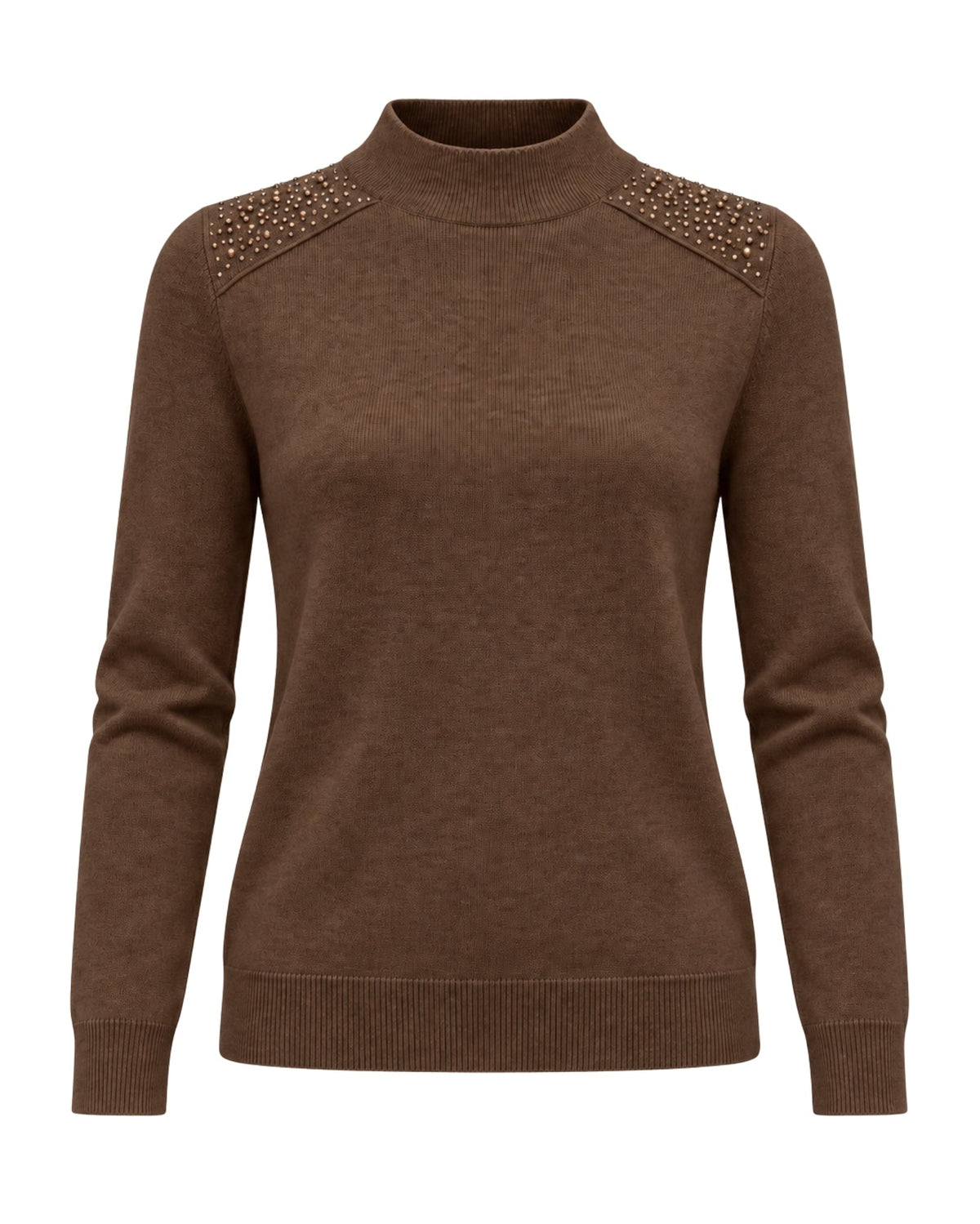 A brown mock neck knit sweater with decorative beaded shoulder details, displayed on a clean white background.