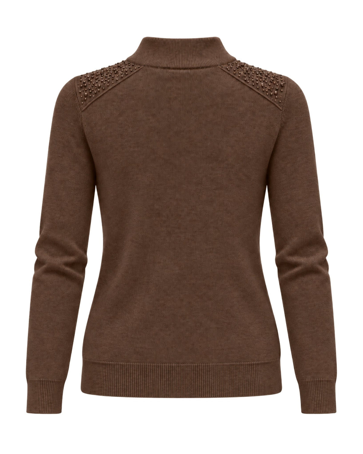 A brown mock neck knit sweater with decorative beaded shoulder details, shown from the back on a white background.
