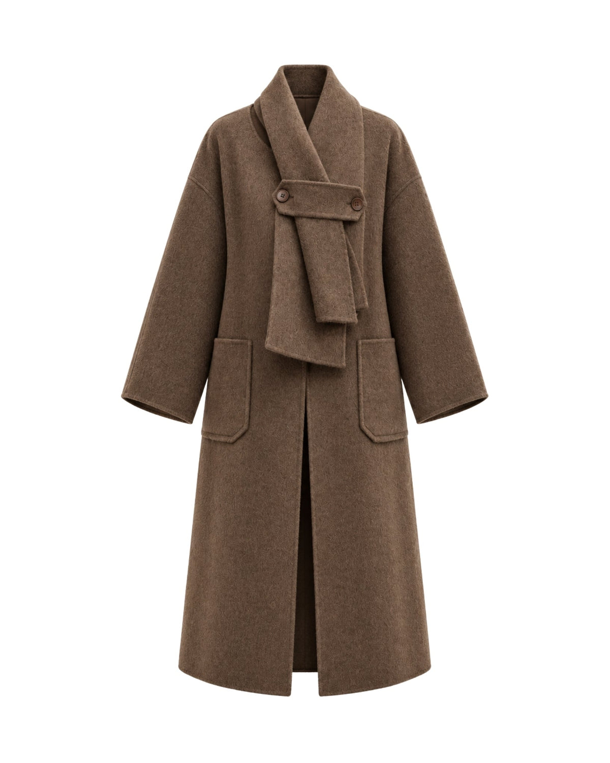 A brown wool-blend wrap coat with a shawl collar, buttoned front wrap detail, and large front patch pockets, shown on a plain white background.