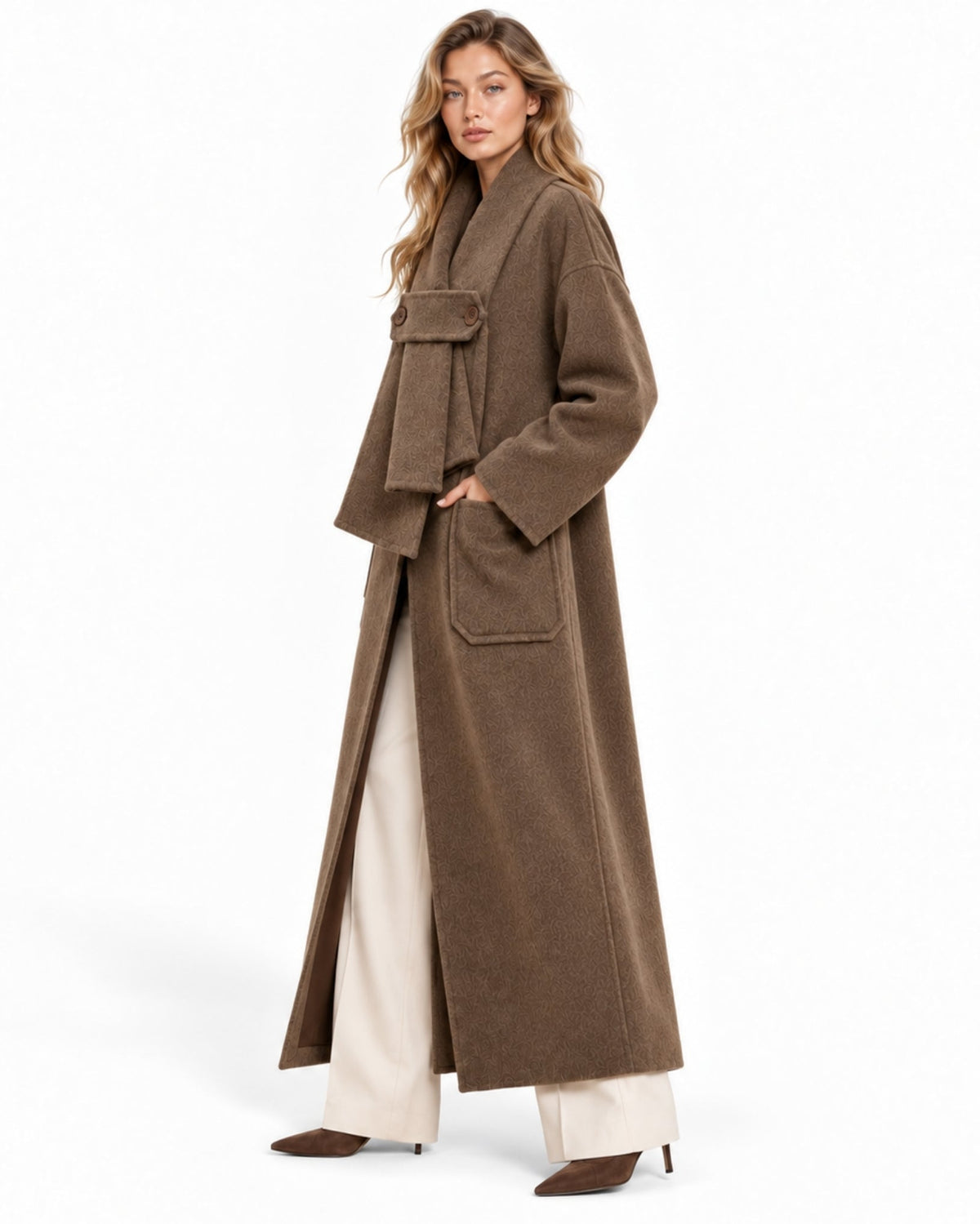 A woman models a long brown wool coat with a shawl collar and flap pockets, paired with cream wide-leg trousers and brown pointed-toe heels, against a plain white studio background.