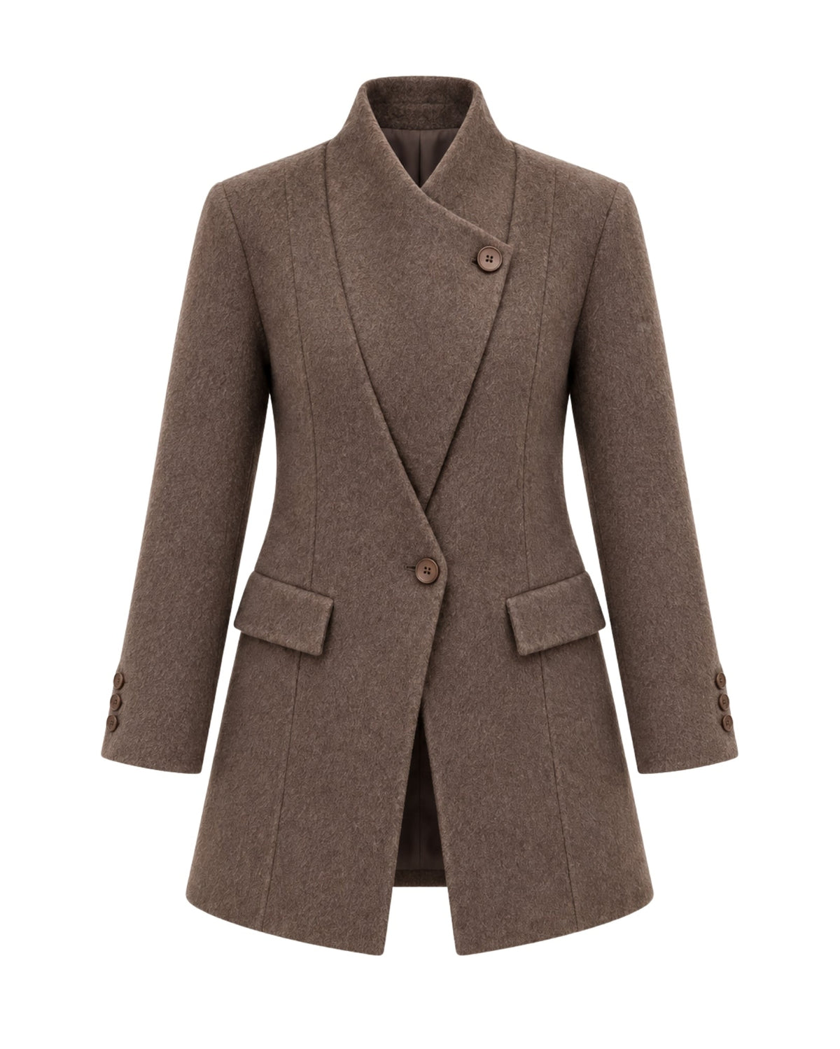 A women's mid-length brown wrap-style coat with a single button closure, notched lapels, flap pockets, and buttoned cuffs, shown on a plain white background.