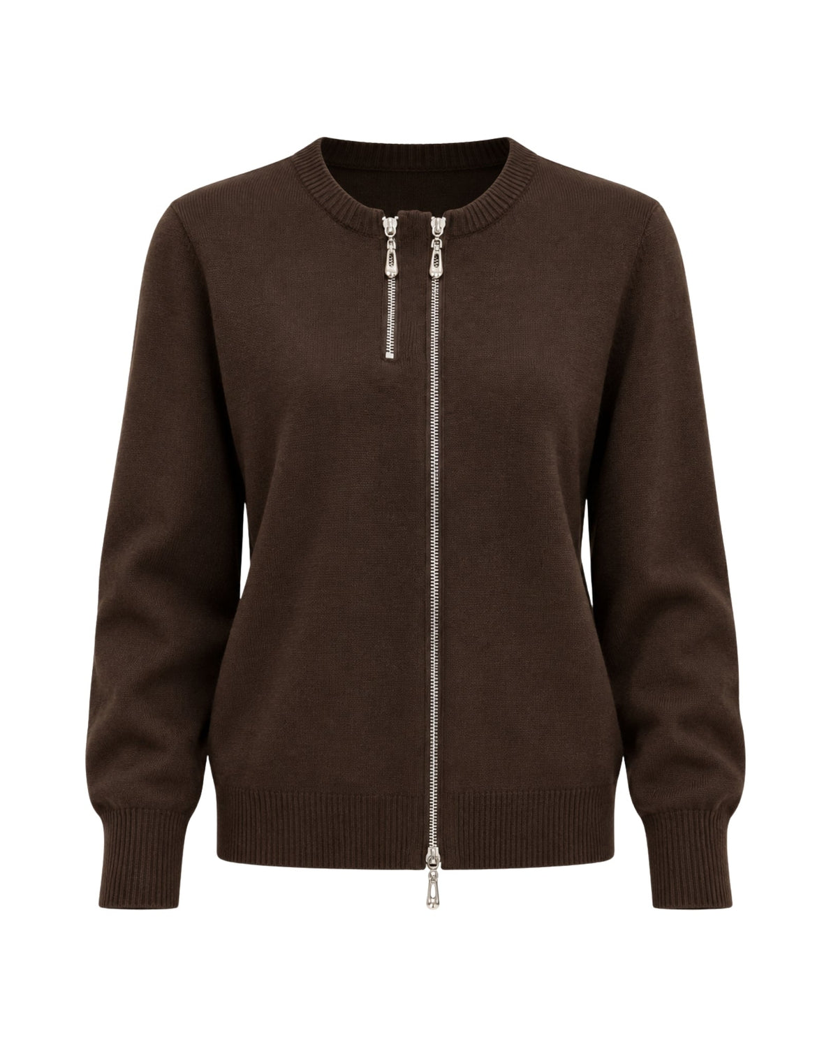 A dark brown long-sleeve knit zip-up sweater with a crew neck and silver-tone zipper hardware, shown on a plain white background.
