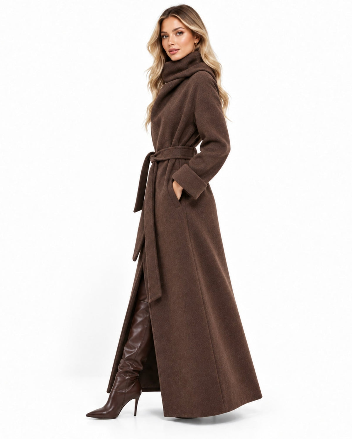 A woman modeling a long, dark brown wrap coat with a matching waist tie, paired with matching brown knee-high boots, against a plain white studio background.