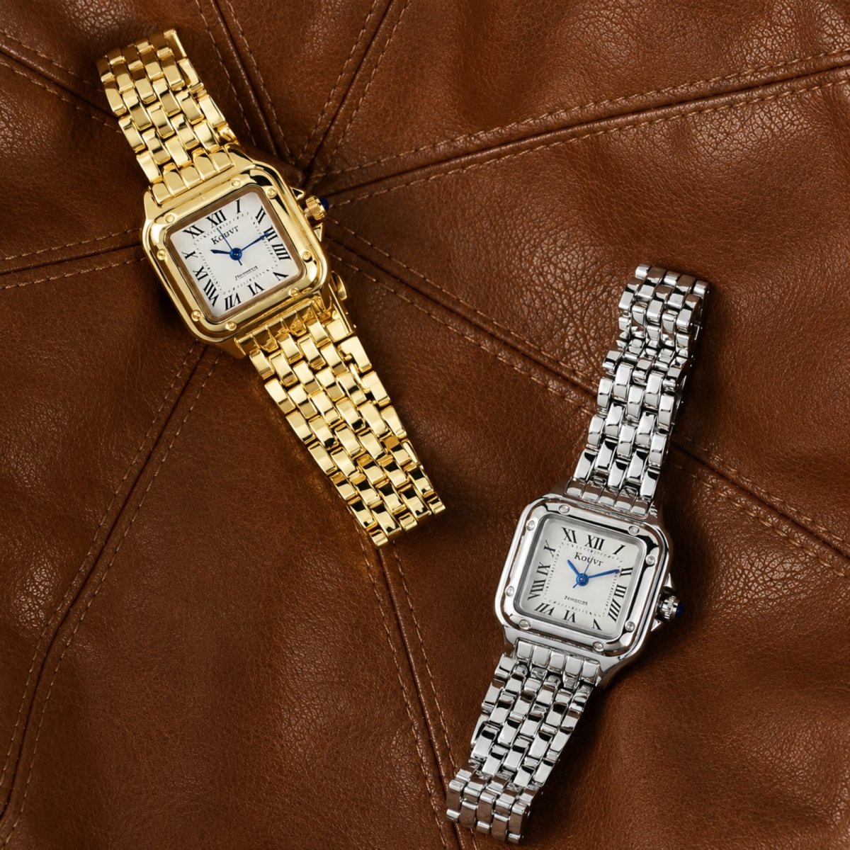 Side by side comparison of Kouvr classic women's square watches in both gold and silver finishes resting on a brown leather backdrop.