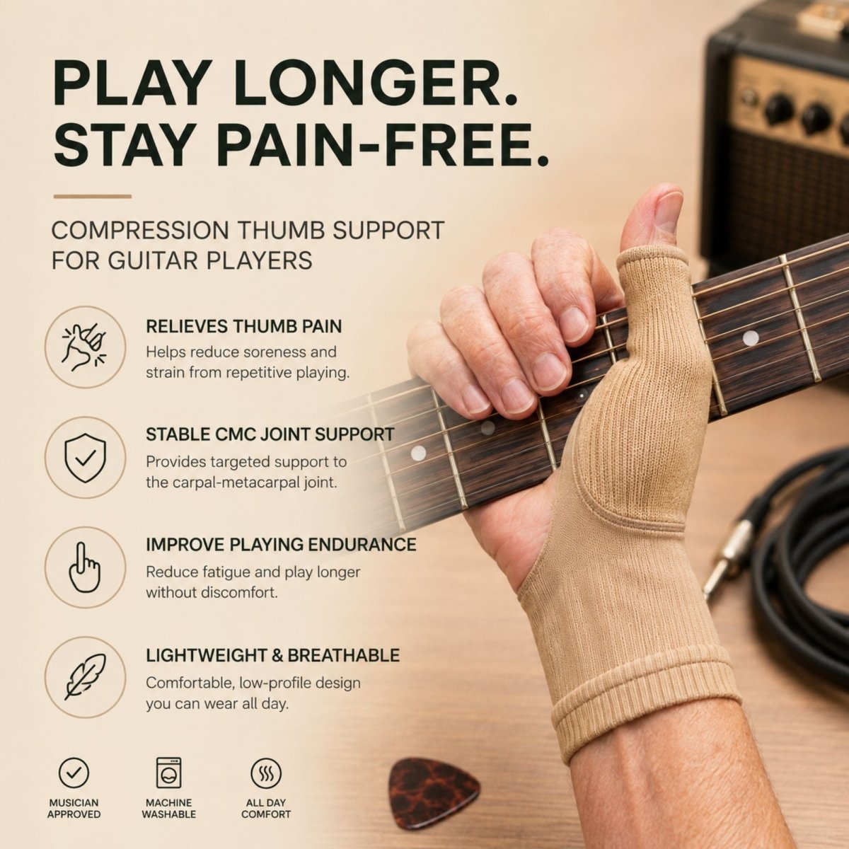 A close-up of a person's hand playing a guitar, wearing a beige compression thumb support sleeve. The image includes marketing text on a warm wood background, with a guitar headstock, amplifier, and guitar pick partially visible.