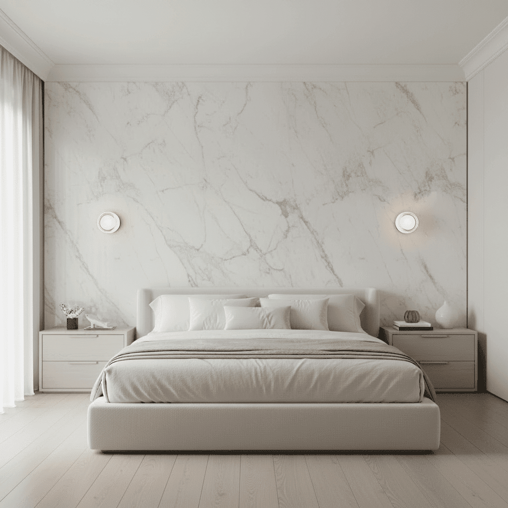 Symmetrical round white glass wall sconces illuminating a bright contemporary bedroom with a white marble slab accent wall.