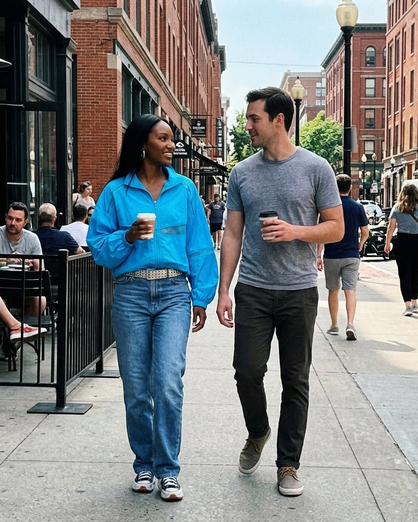 Woman walking in the city holding coffee, wearing the Kouvr bright blue lightweight statement windbreaker layered over casual street style clothing.