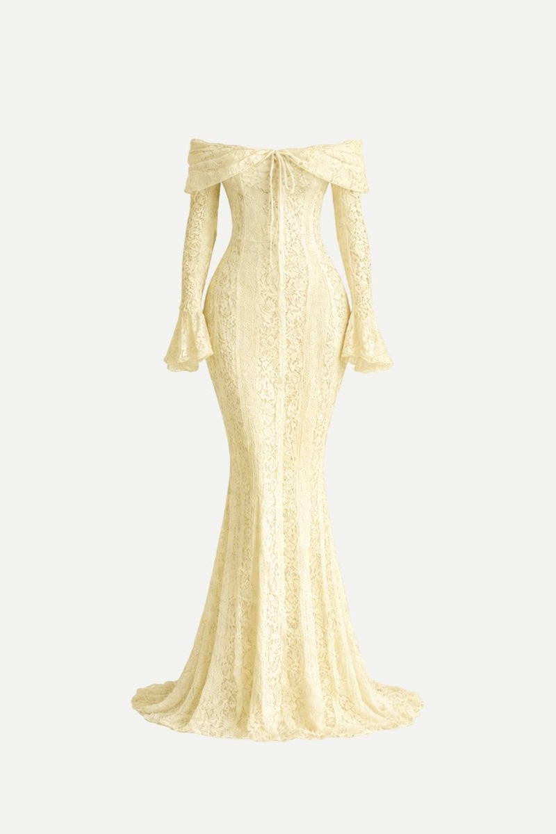 Front ghost mannequin view of cream yellow off shoulder lace maxi dress with flared sleeves and center tie