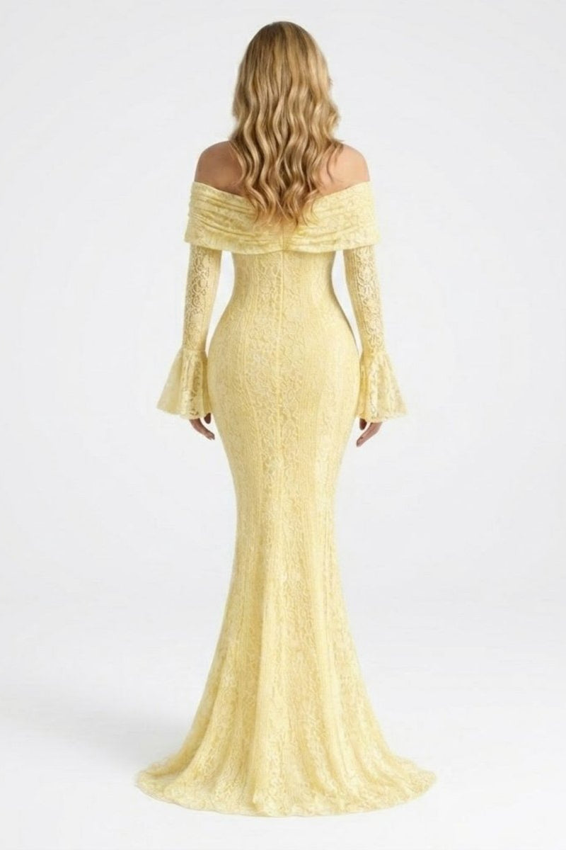 Back view of elegant cream yellow stretch lace maxi dress with off the shoulder foldover neckline and sweeping hem