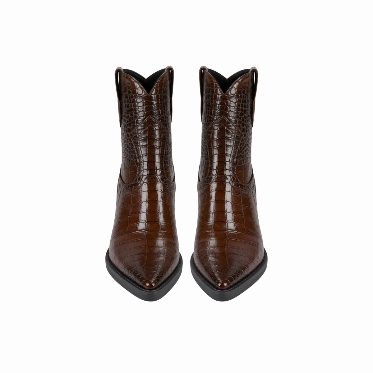 Front view of Kouvr brown crocodile embossed western ankle boots featuring a sharp pointed toe, glossy finish, and classic pull tabs.