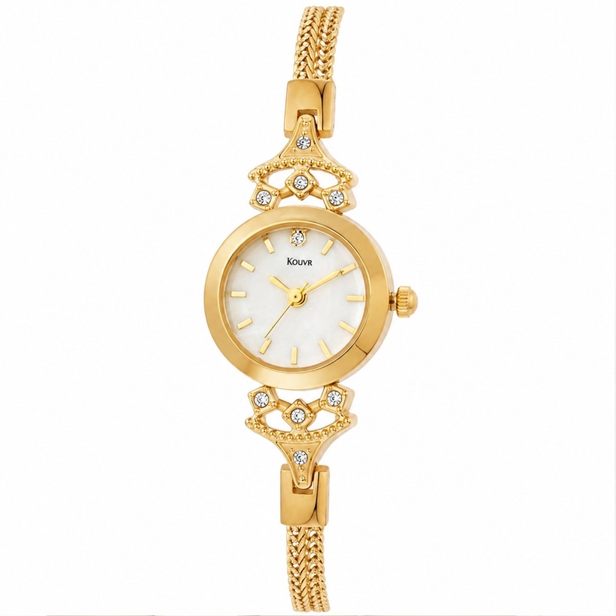Front flat lay view of Kouvr gold stainless steel watch featuring an iridescent mother of pearl dial and vintage crystal accents