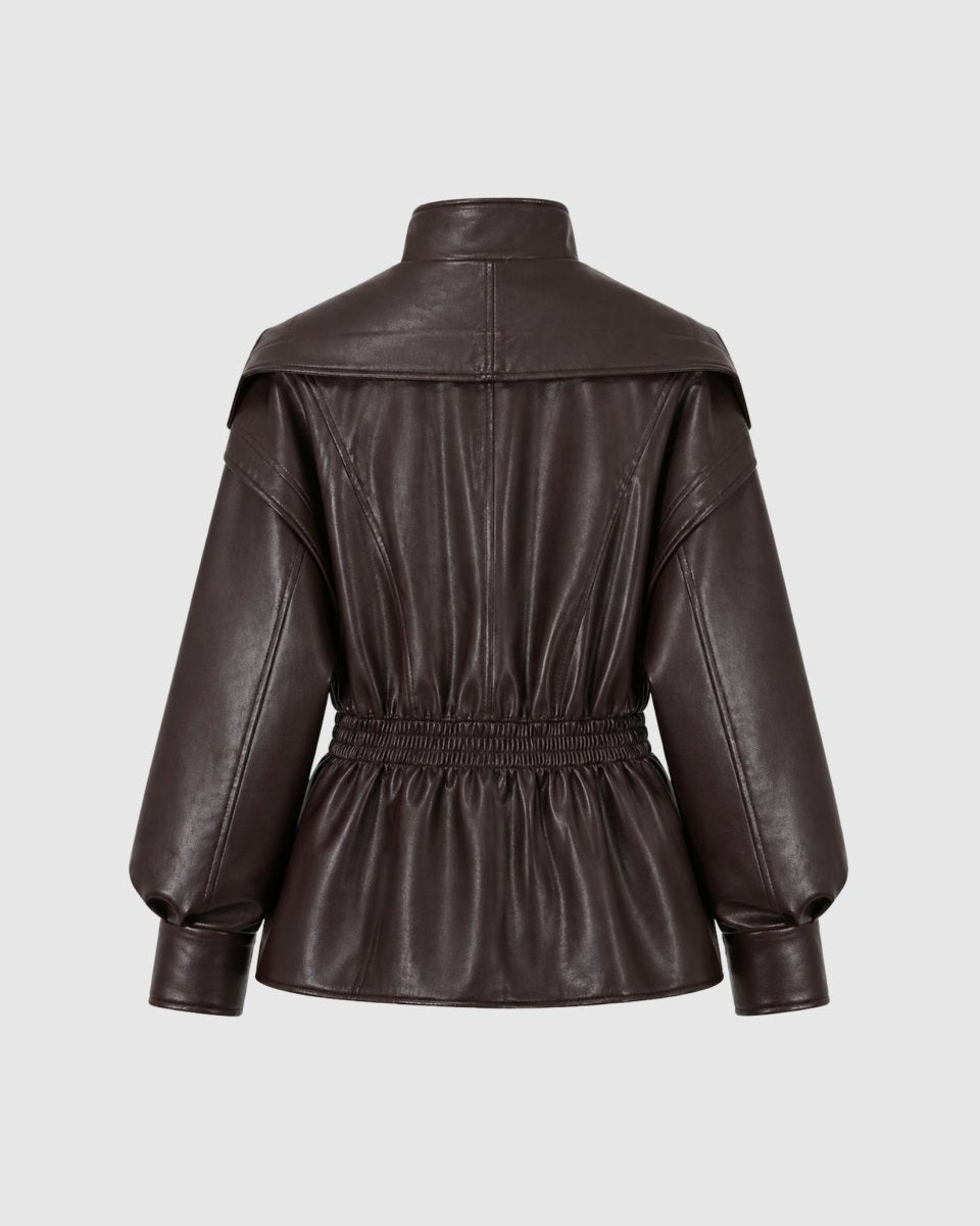Flat lay back view of dark brown faux leather peplum jacket with smocked waist detail.