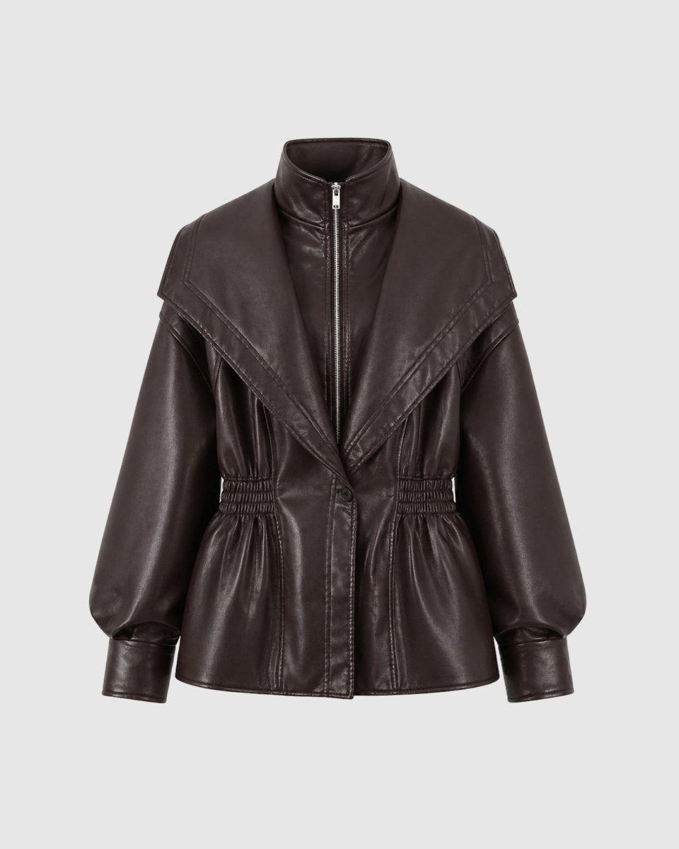 Flat lay front view of dark brown faux leather jacket with hidden zip closure.
