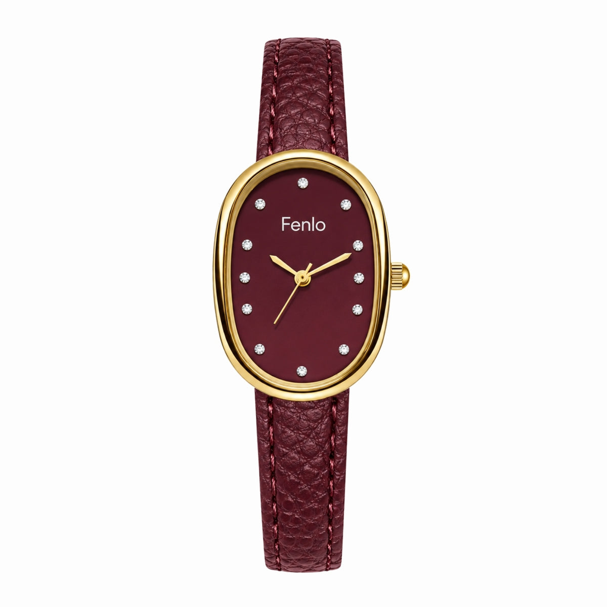 A women's oval wristwatch by Fenlo with a textured dark brown leather strap, a matching burgundy dial, and a gold-tone case accented with small crystal hour markers.